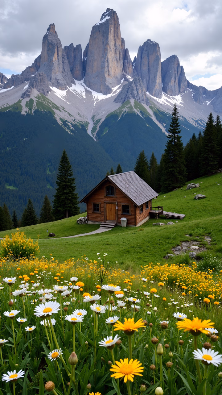 A peaceful mountain retreat surrounded by wildflowers and towering peaks.