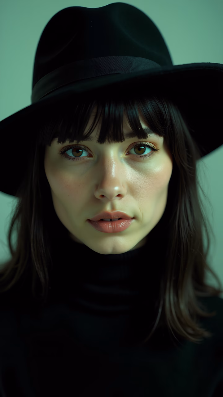 Close-up portrait of a person in a black hat, evoking mystery and subtlety.