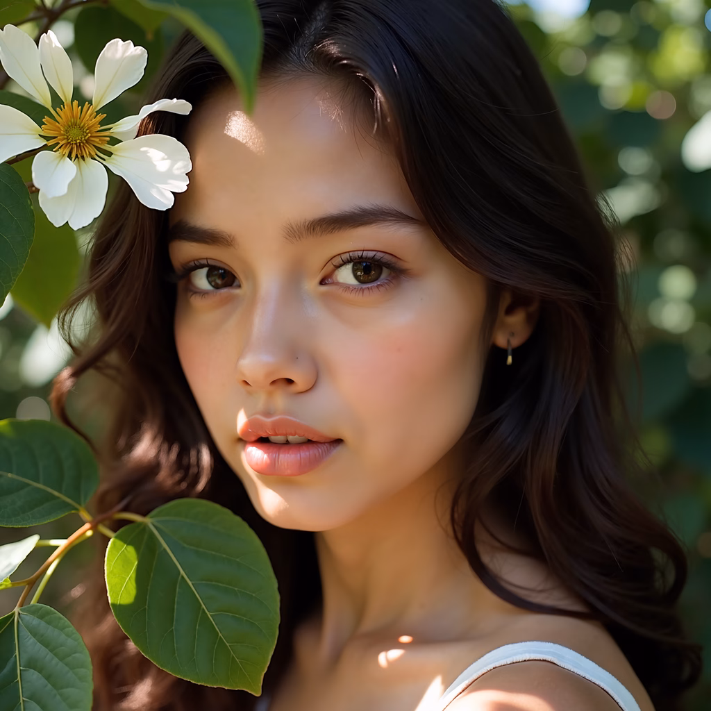 A serene portrait of a young woman surrounded by nature, capturing moments of peace and beauty.