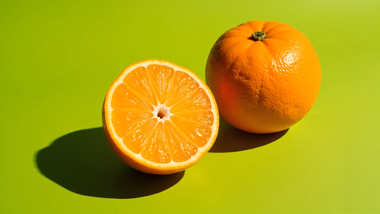 Brightly colored orange slices and whole oranges on a green background.