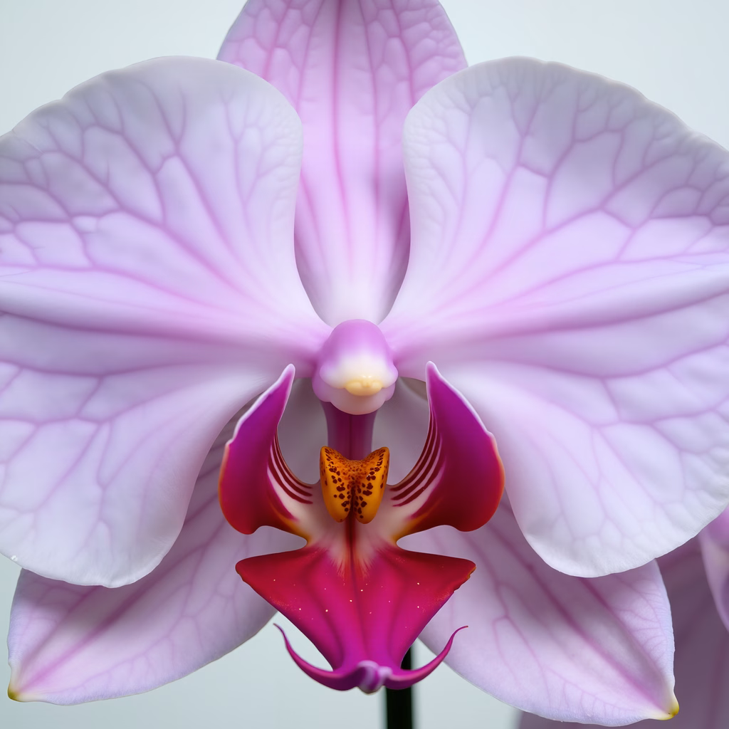 Close-up of a blooming orchid with intricate petal details and vibrant colors.