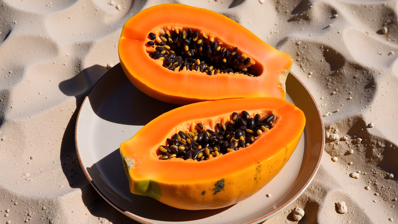 Bright papaya halves on sandy beach, showcasing natural beauty and texture.