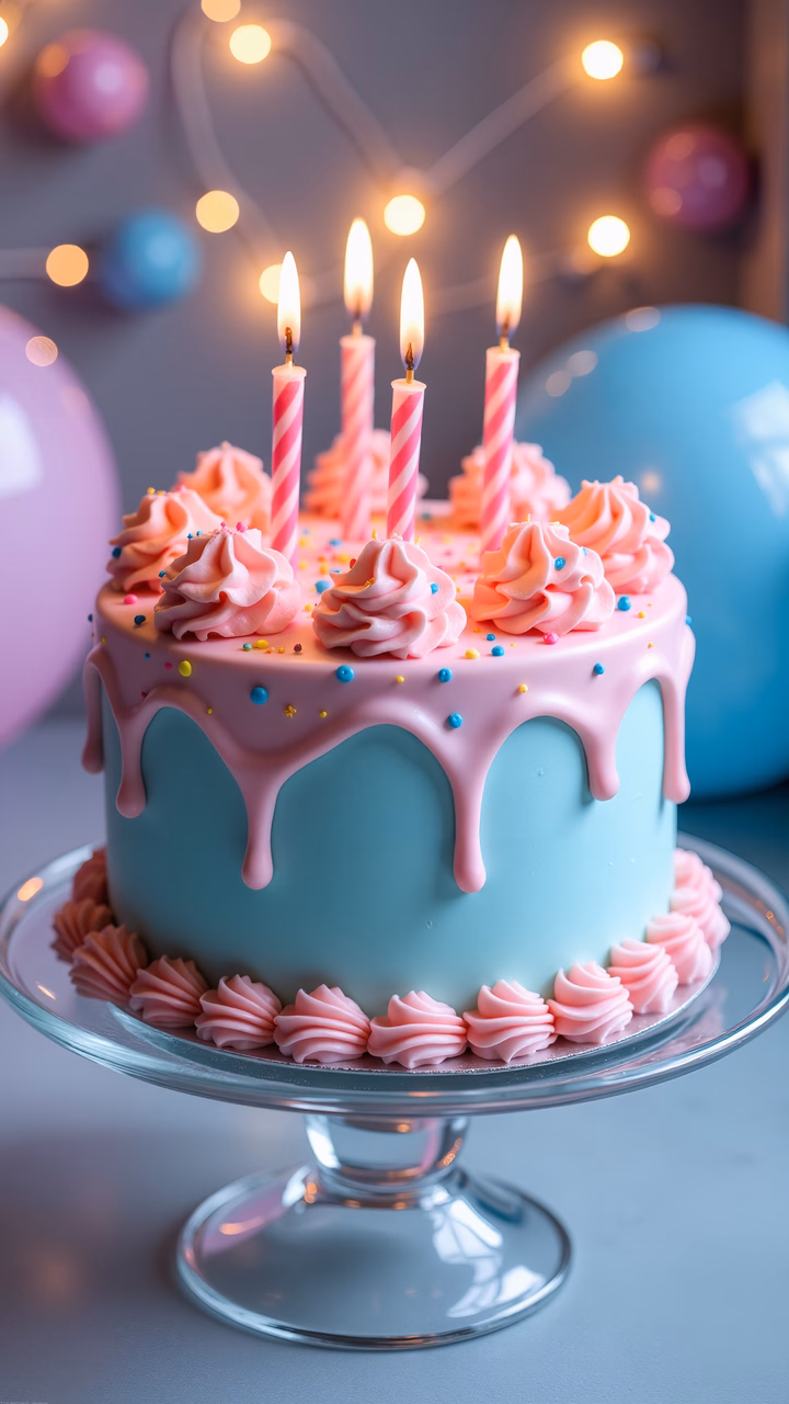Pastel blue and pink birthday cake with candles and sprinkles, celebrating joy!