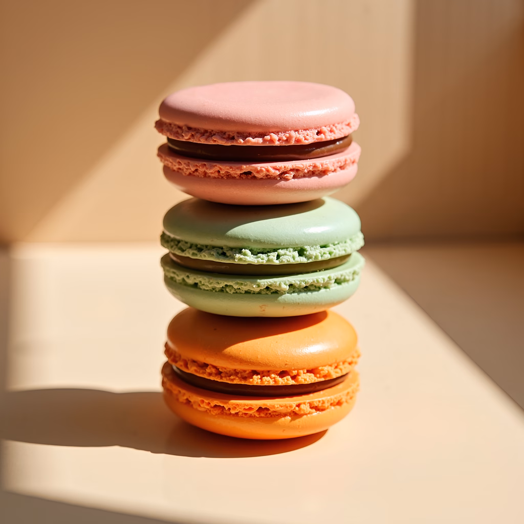 Delicate pastel macarons captured in soft light, perfect for food enthusiasts.
