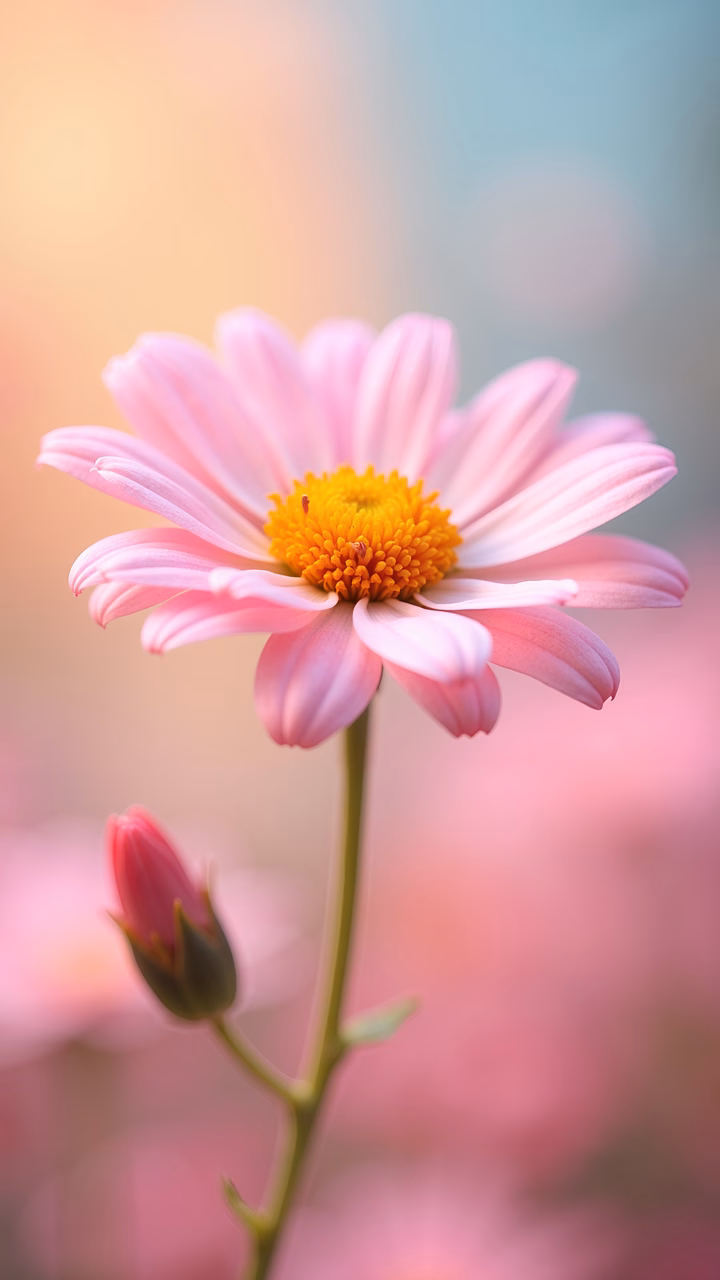 Close-up of a pink daisy with soft pastel tones and detailed petals.