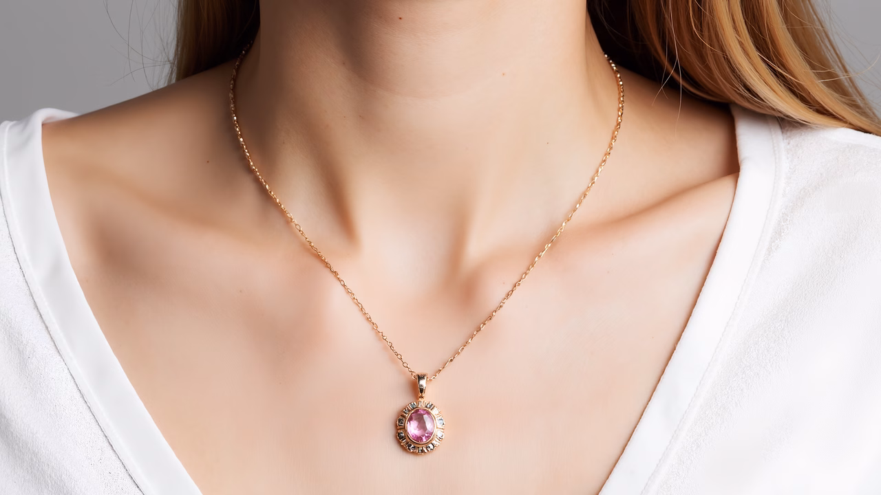 Close-up of a pink gemstone pendant necklace against a soft, elegant backdrop.
