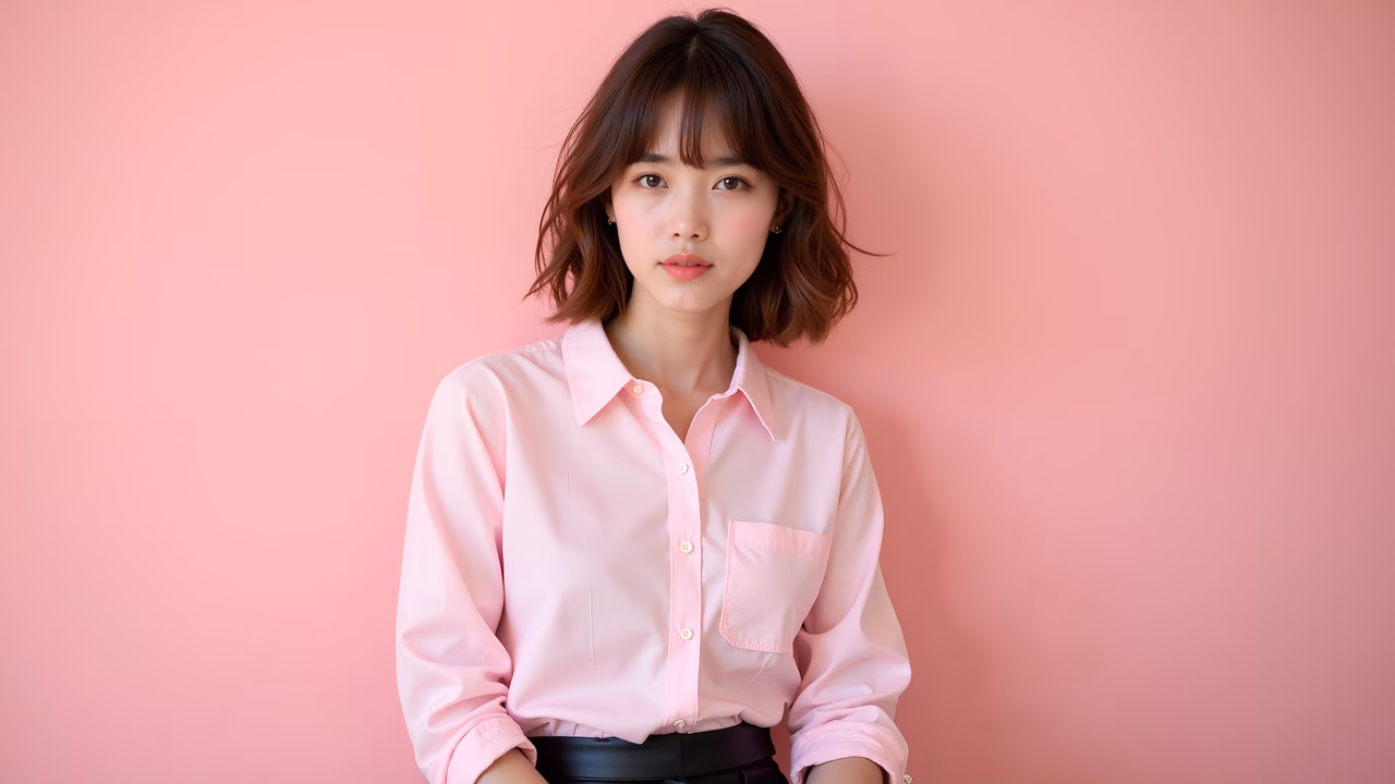 Soft pink portrait of a person in a stylish shirt.