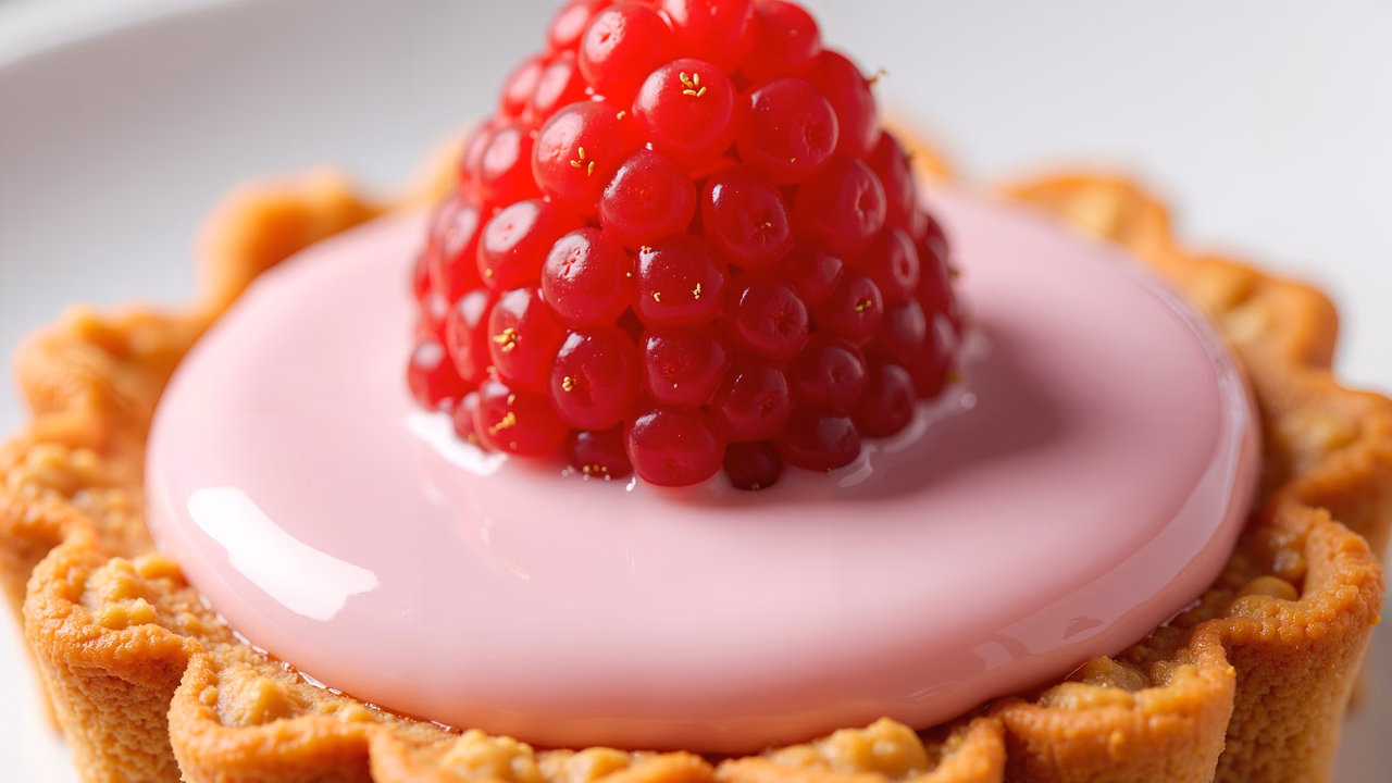 Close-up of a tart with pink cream and red berries, showcasing its delicious appeal.