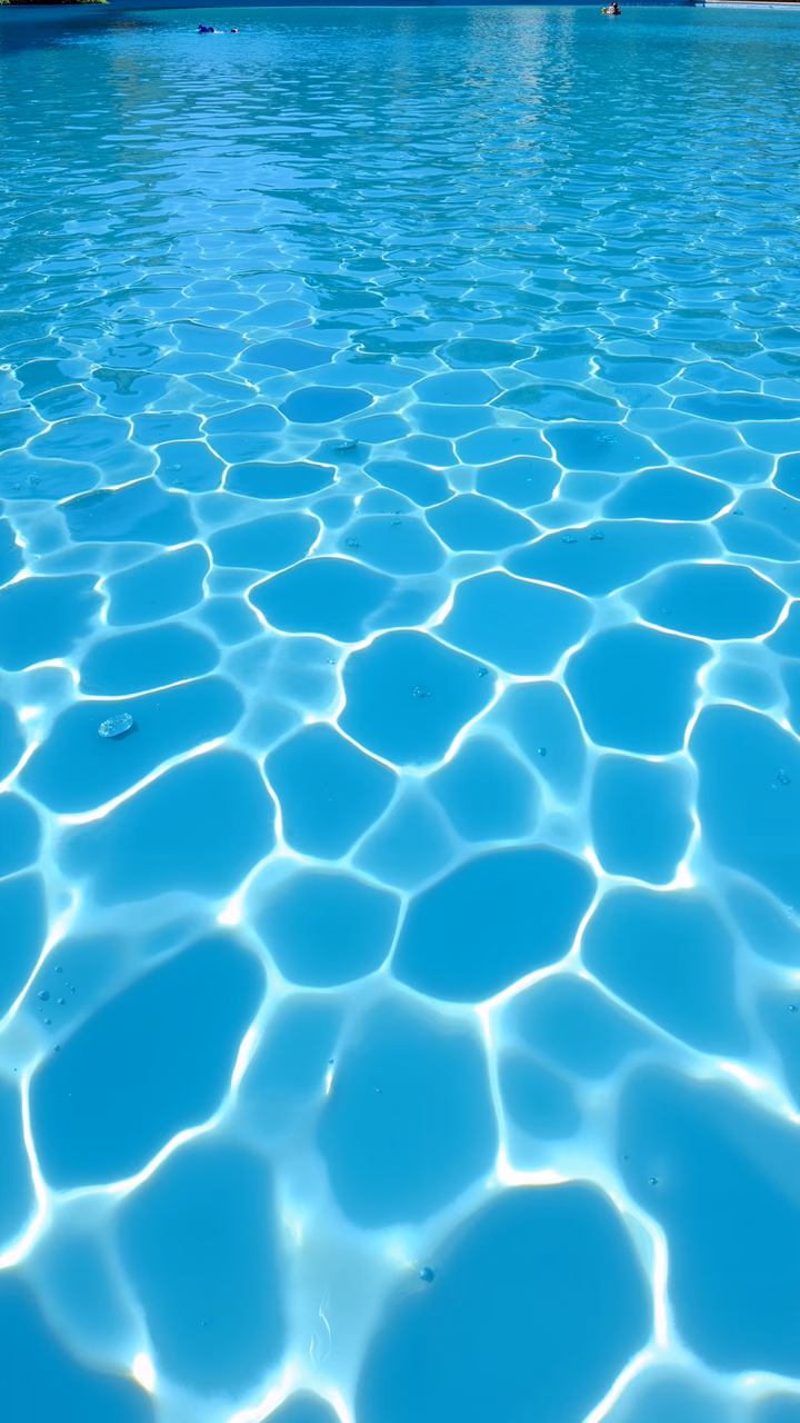 Close-up of pool water patterns with vibrant blue hues and intricate light effects.