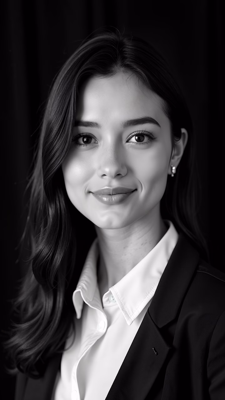 Professional black-and-white portrait of a confident individual in formal attire.