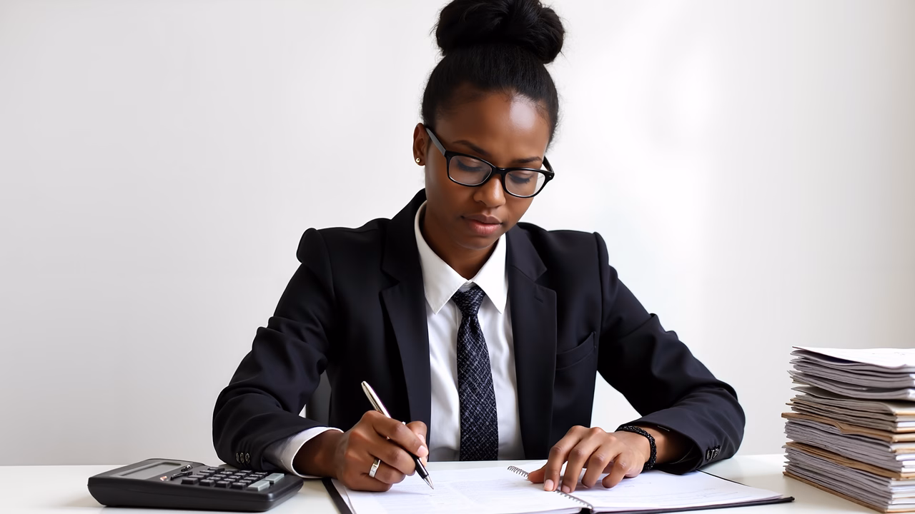 Focused professional woman working at her desk, emphasizing dedication and professionalism.