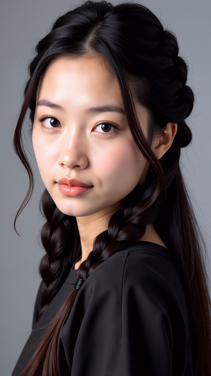 Close-up portrait with intricate braids and soft lighting, evoking elegance and serenity.