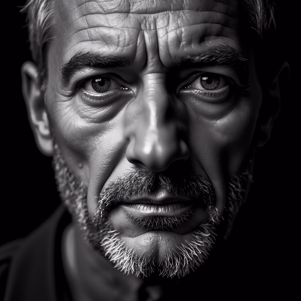Dramatic black-and-white portrait with detailed textures and intense expressions.