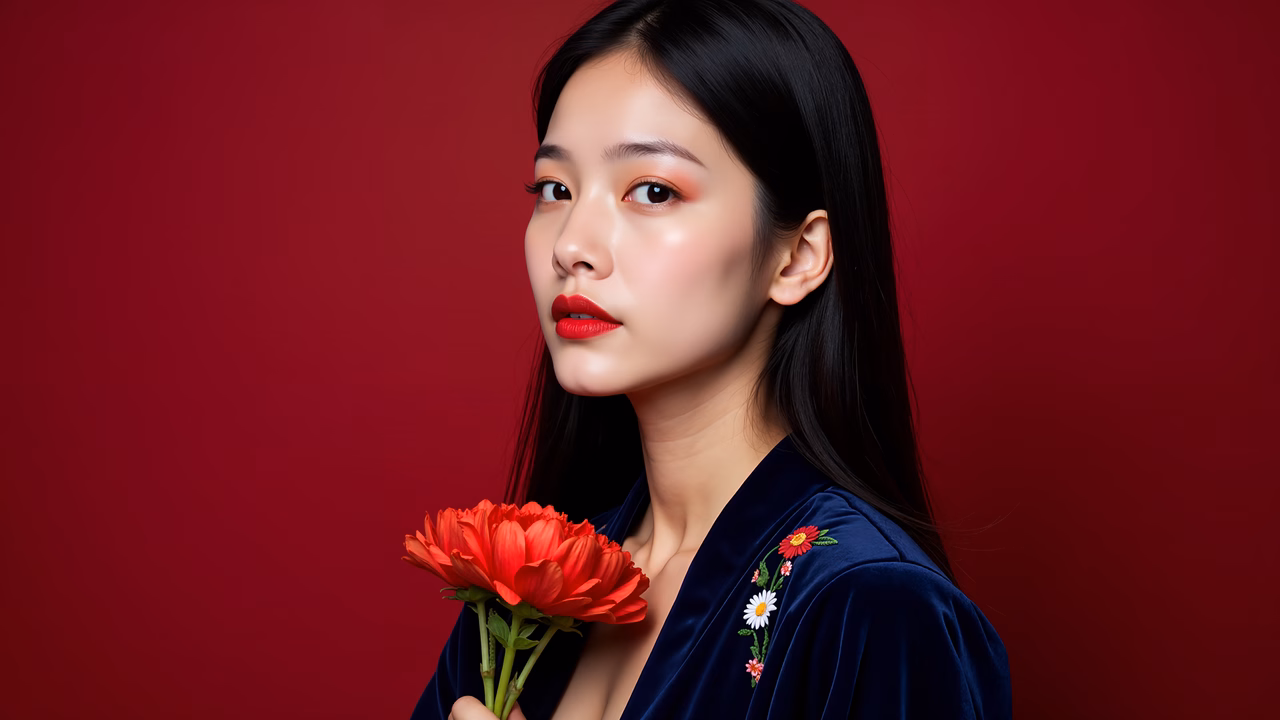 Elegant woman in blue kimono with red flower against crimson backdrop