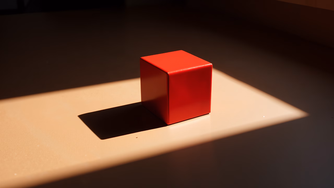 A striking red cube illuminated by sunlight, showcasing minimalistic design and contrast.