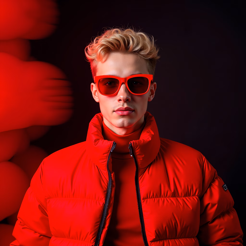 Bold red fashion portrait with striking color contrast and modern style.