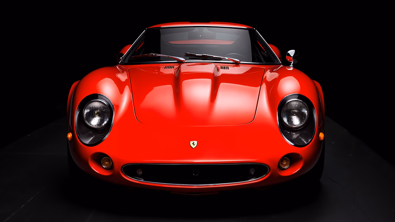 A close-up of a classic red Ferrari, showcasing its sleek design and glossy finish.