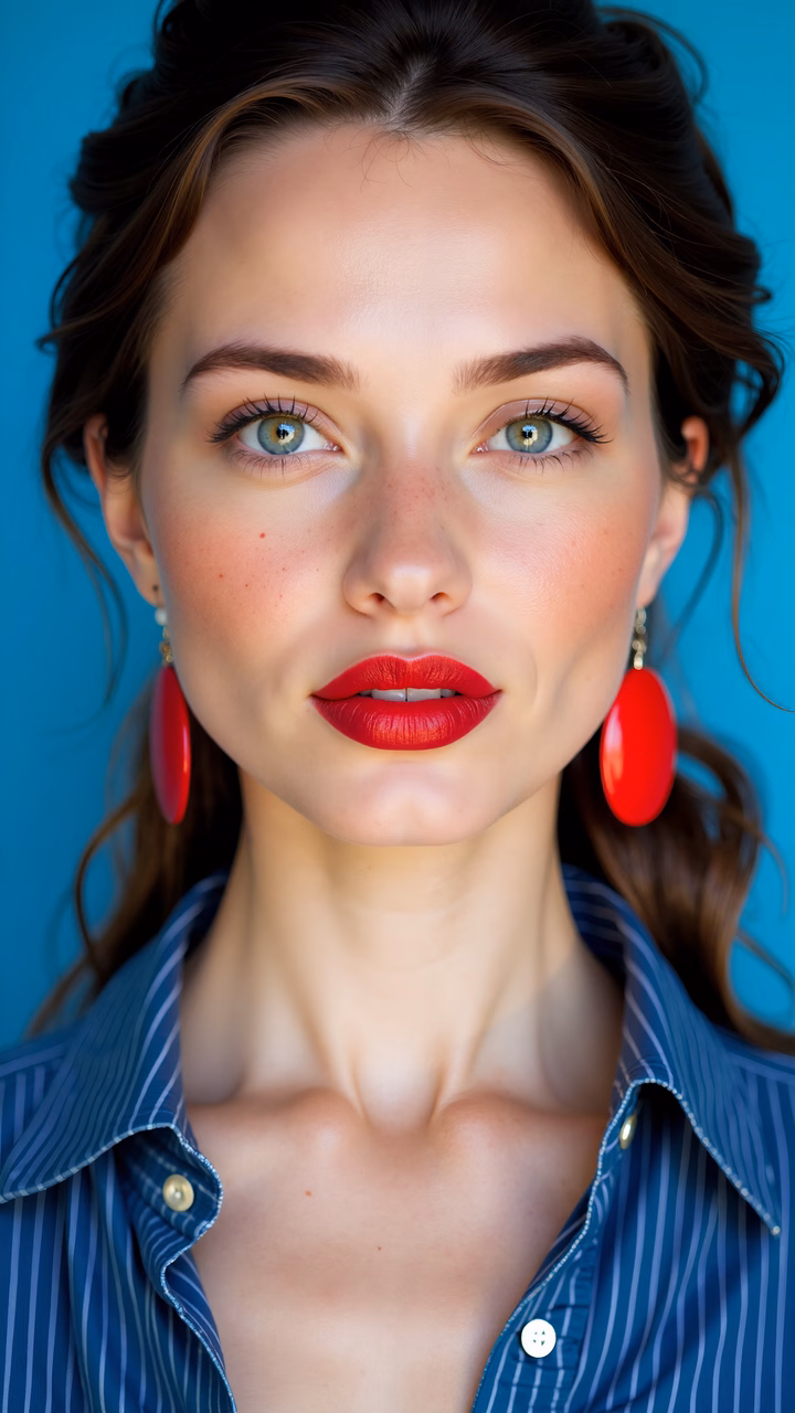 Close-up portrait of a person with red lipstick and blue background.