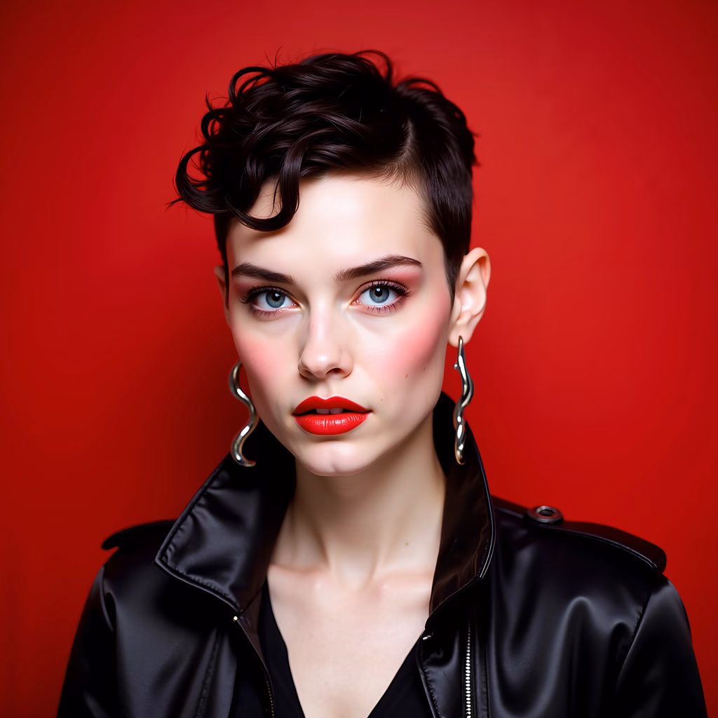 Bold red lips and vibrant red background create a dramatic portrait.