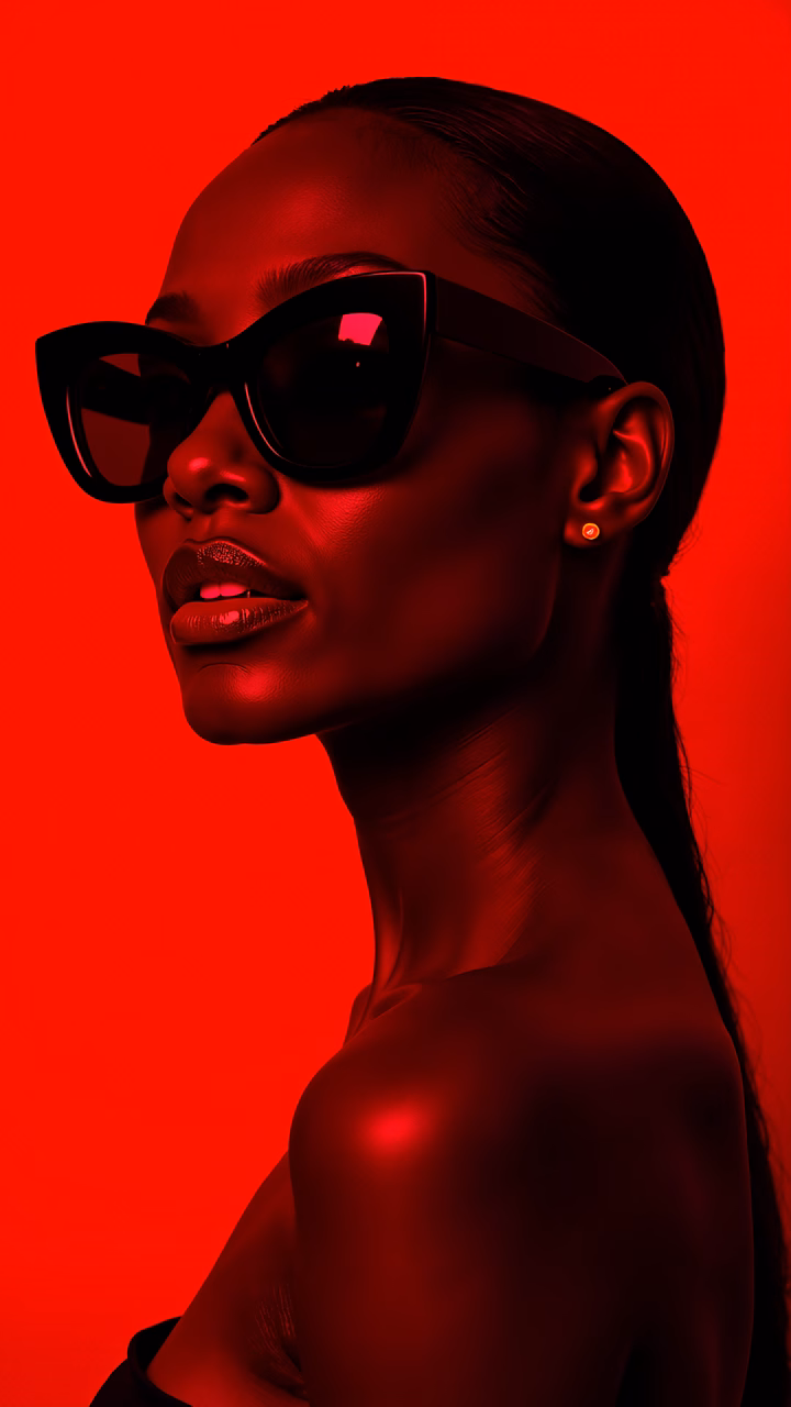 Bold red portrait with reflective sunglasses and dramatic lighting.