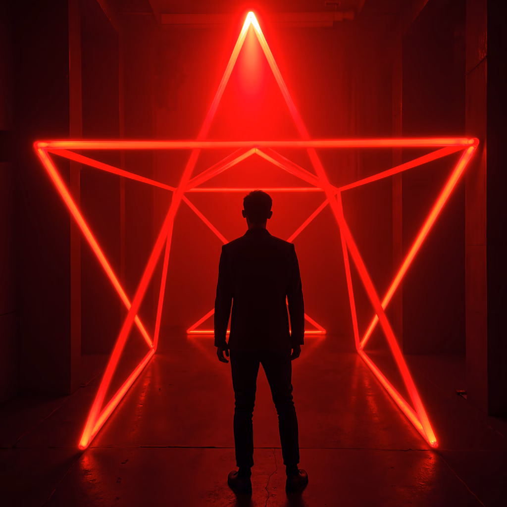 Silhouette of a person against a glowing red star, creating a mysterious and intense atmosphere.