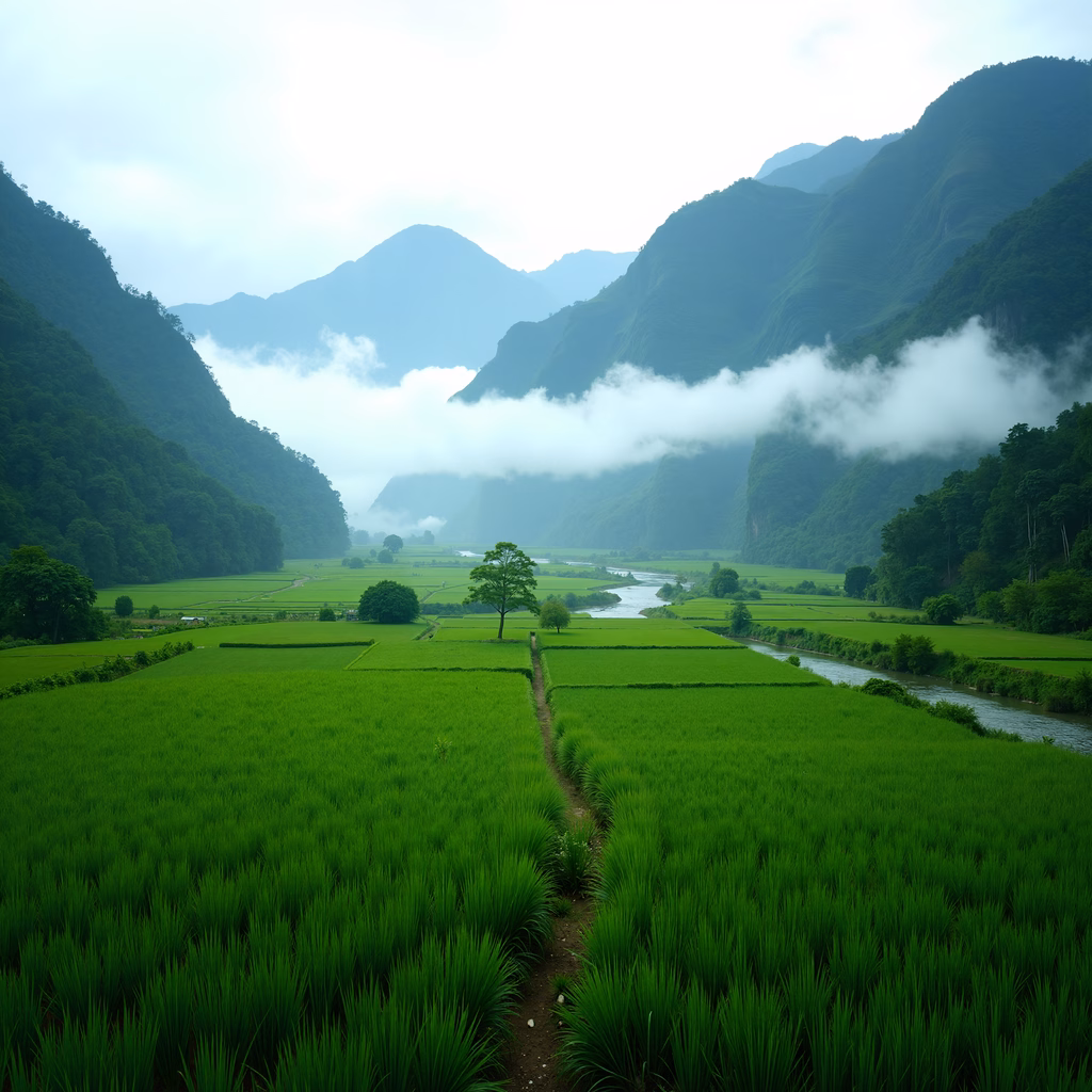 Expansive rice fields and misty mountains create a tranquil landscape.