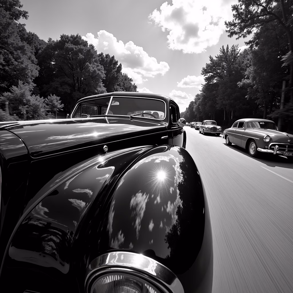 Vintage cars on a scenic road trip, reflecting sunlight and trees.