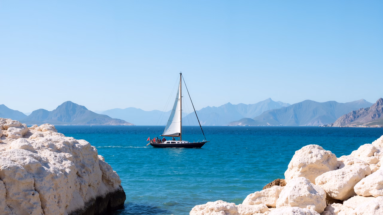 Sailboat on serene turquoise waters, surrounded by white cliffs and distant mountains.