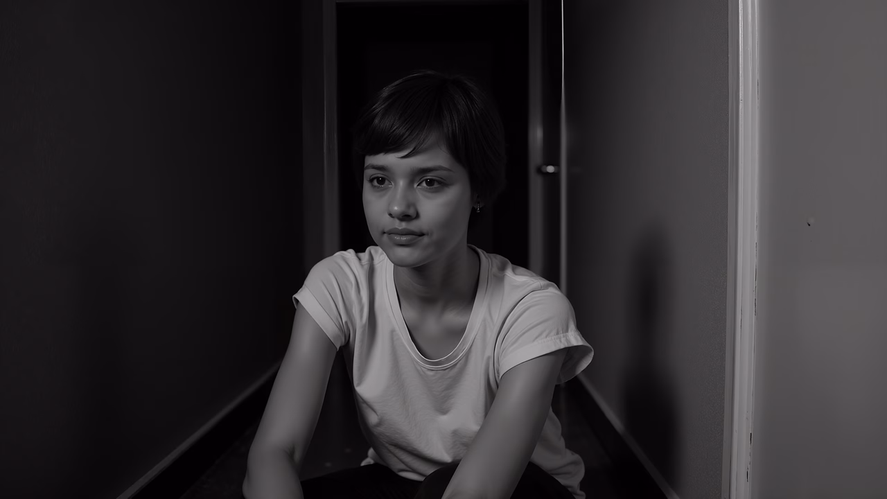 Black-and-white portrait of a contemplative young woman in a dimly lit corridor.