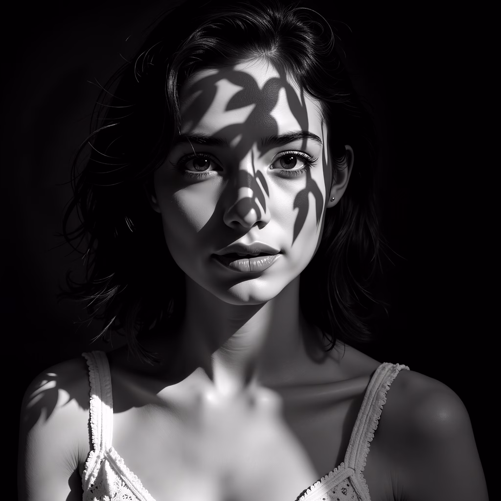 Dramatic black-and-white portrait with intricate shadows and intense gaze.