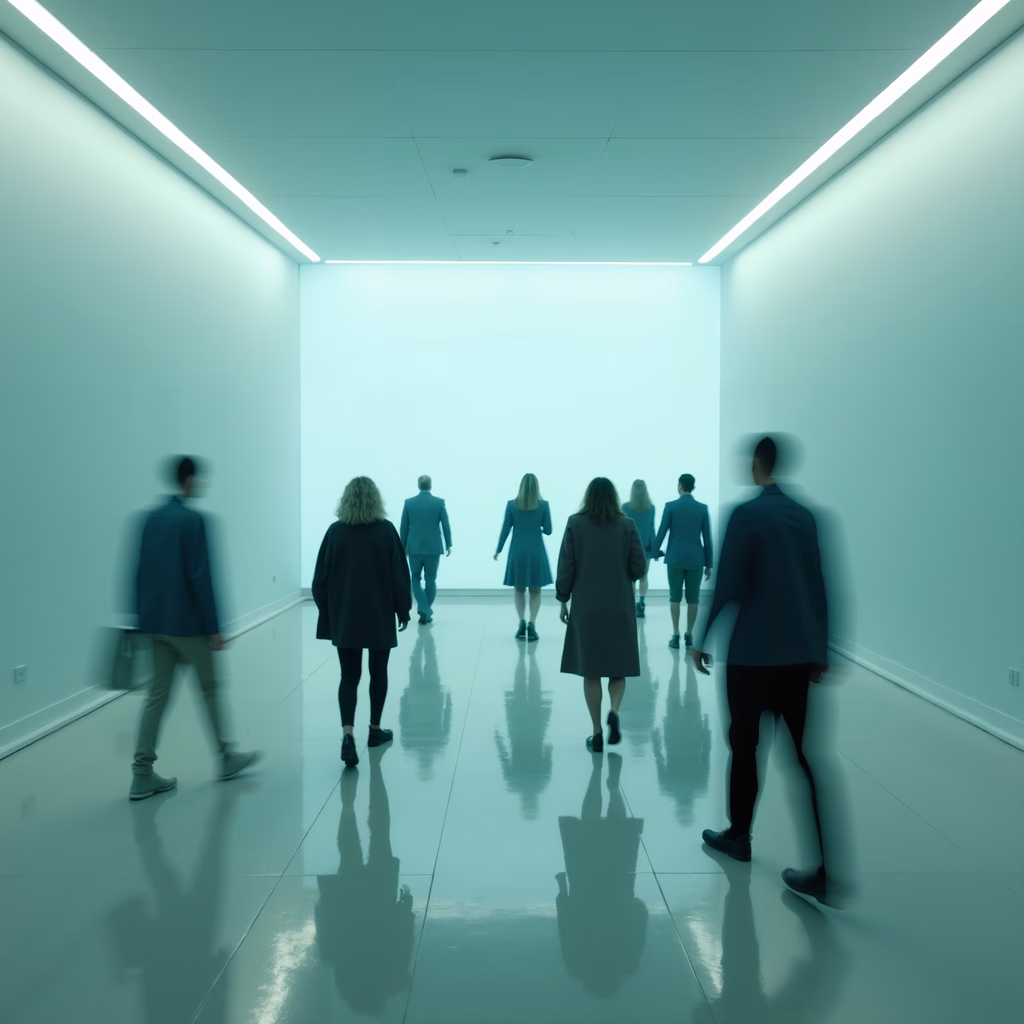 Silhouetted figures in a modern, teal-lit hallway, evoking mystery and anticipation.