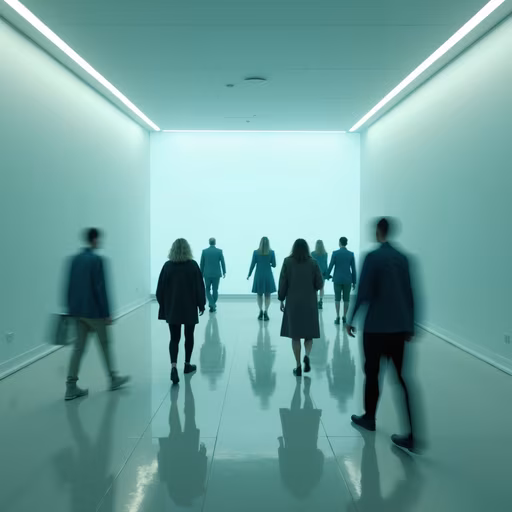 Silhouettes in a Futuristic Hallway