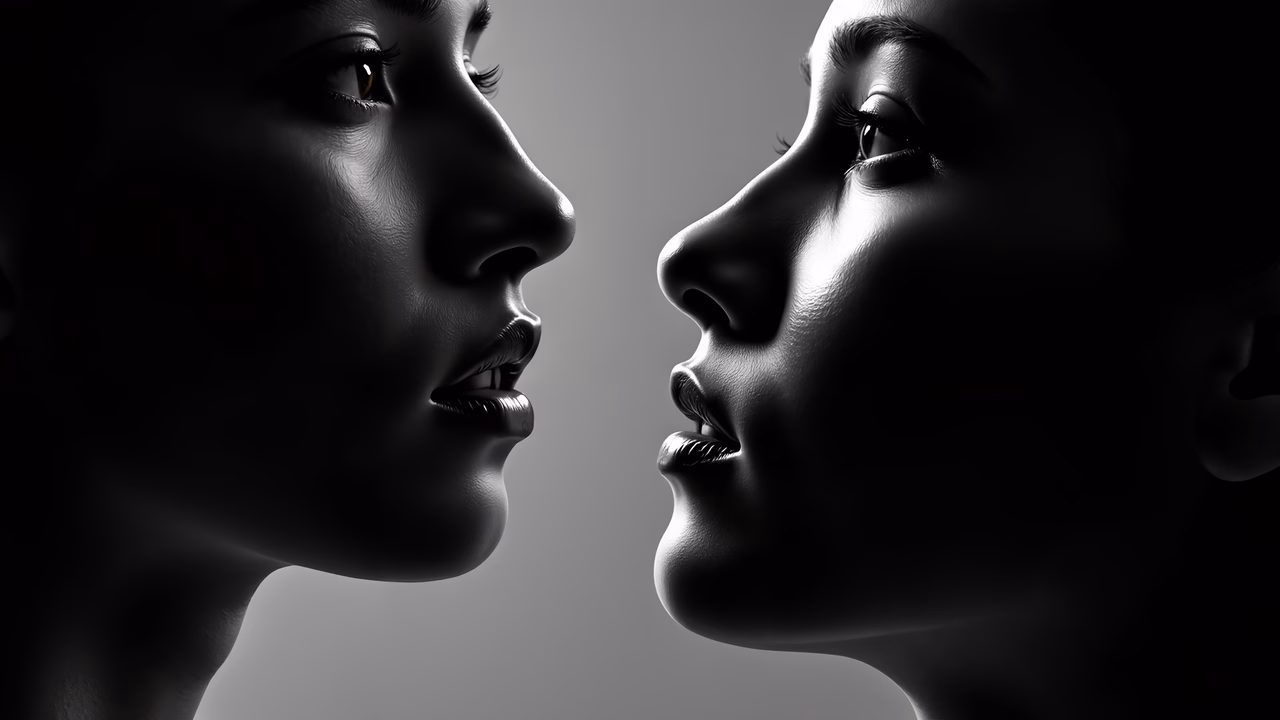 Intimate black-and-white portrait of two profiles, emphasizing connection through contrast and depth.