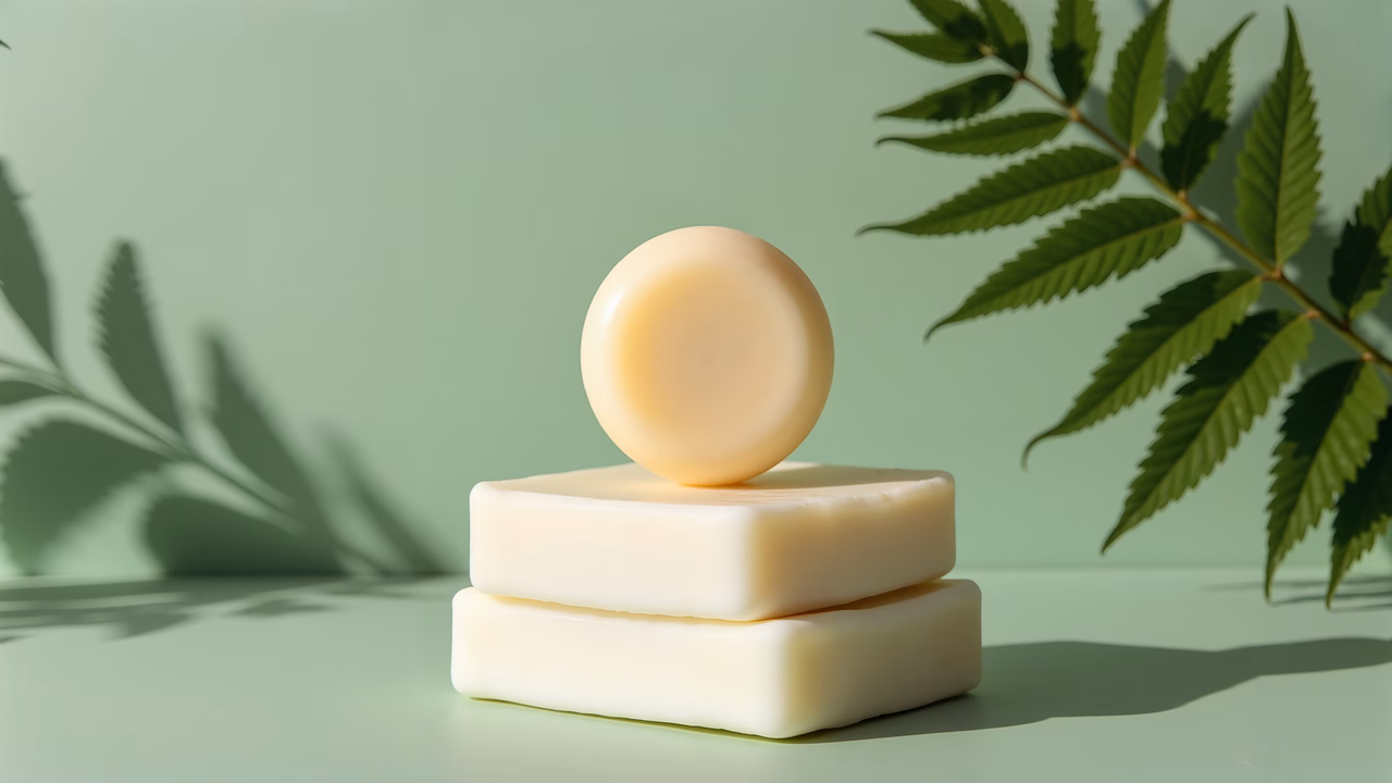 Minimalist soap bars on a green podium with natural greenery, showcasing product photography in a serene setting.