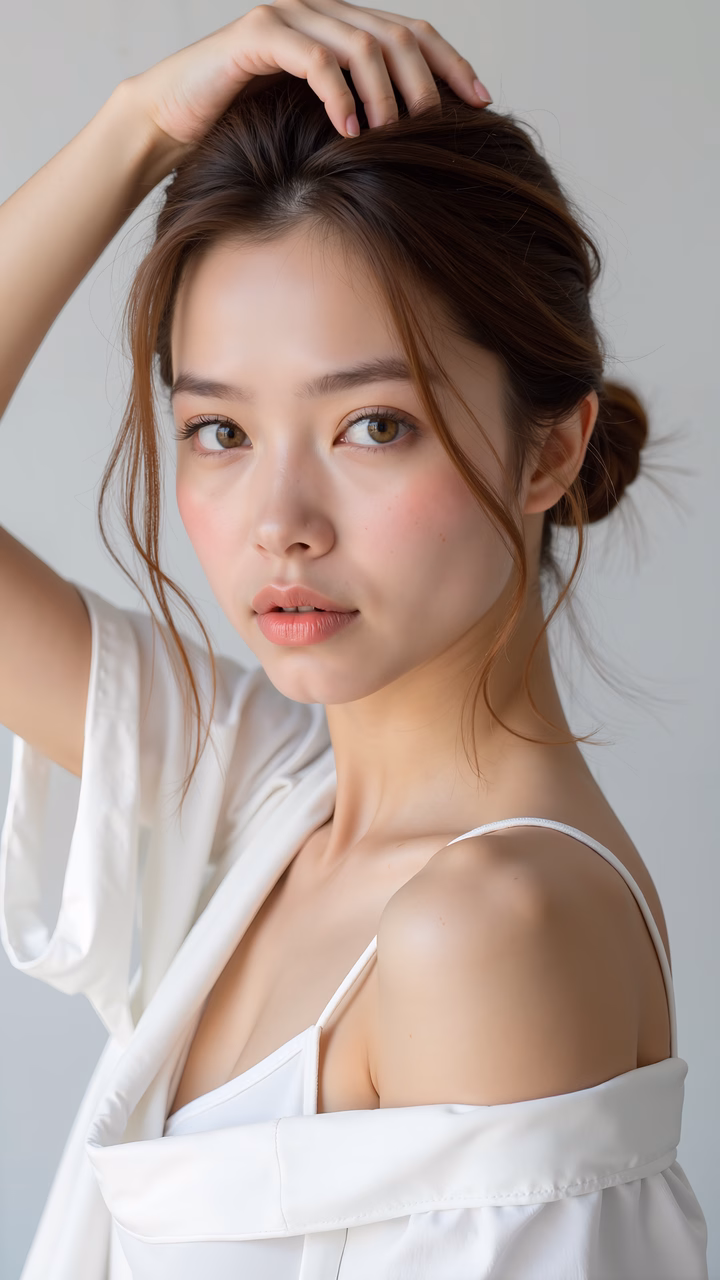 A soft beauty portrait featuring a minimalist aesthetic and natural elegance.