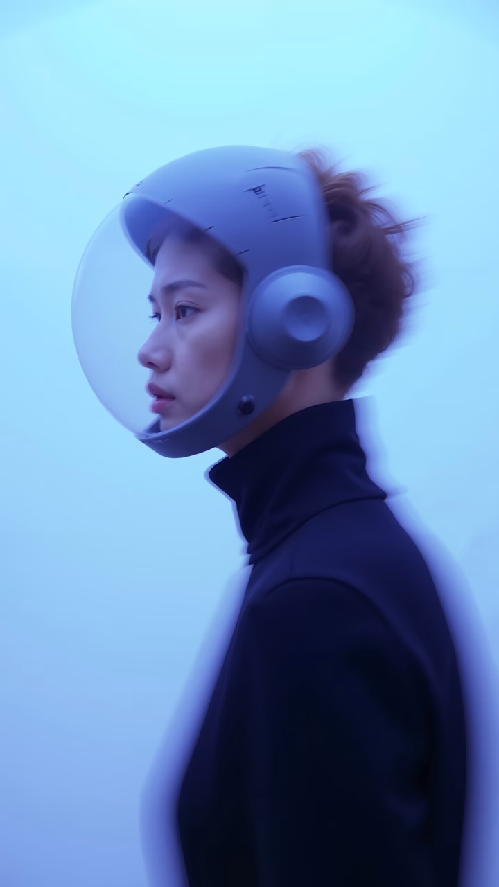 Futuristic portrait of a person in a space helmet against a cool blue gradient background.