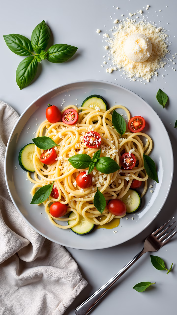 Freshly prepared spaghetti caprese with tomatoes and basil, perfect for a light meal.