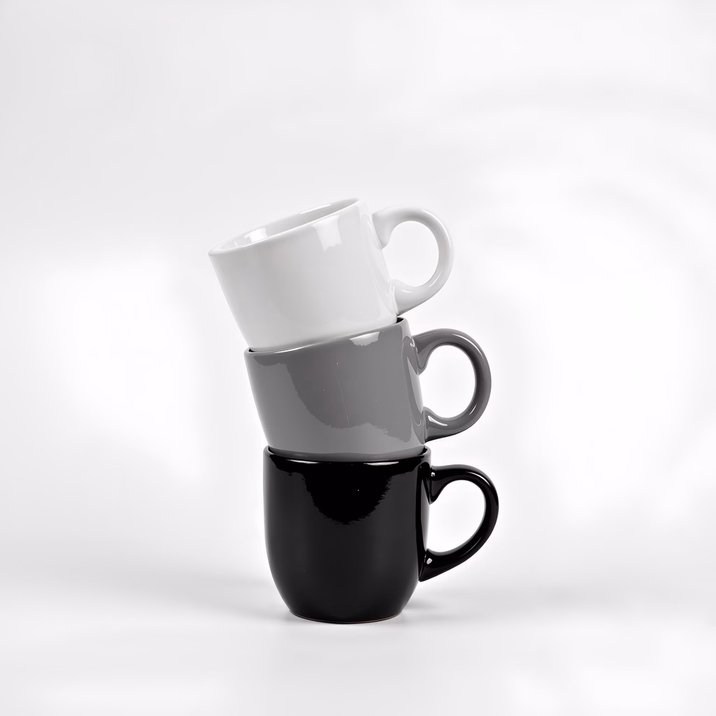 Minimalist stacking of ceramic mugs in black, gray, and white against a white background.
