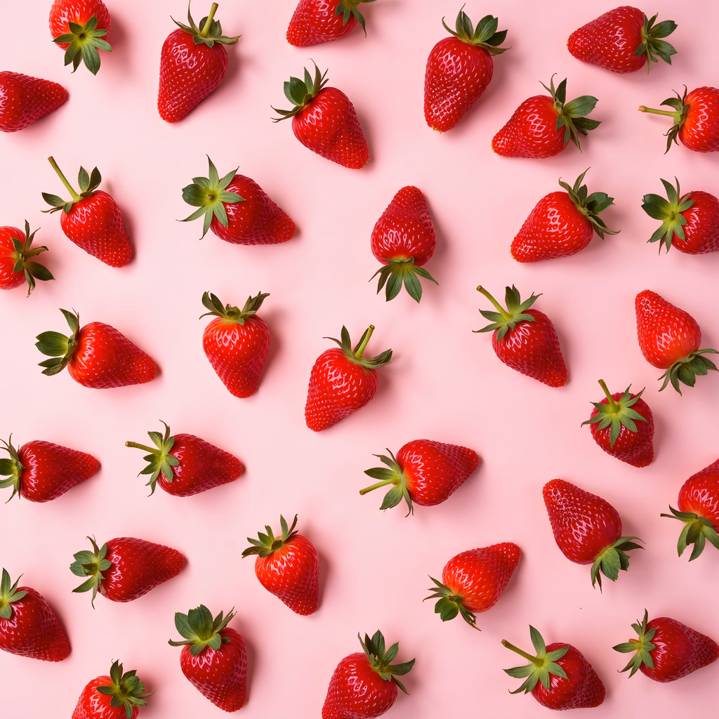 Bright red strawberries on a soft pink background, perfect for food and lifestyle photography.
