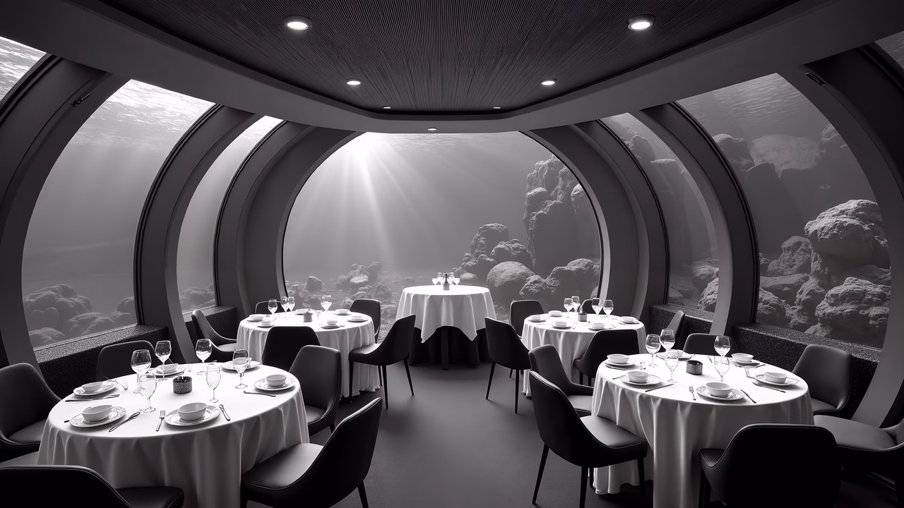 Elegant underwater dining room with panoramic ocean views and serene ambiance.