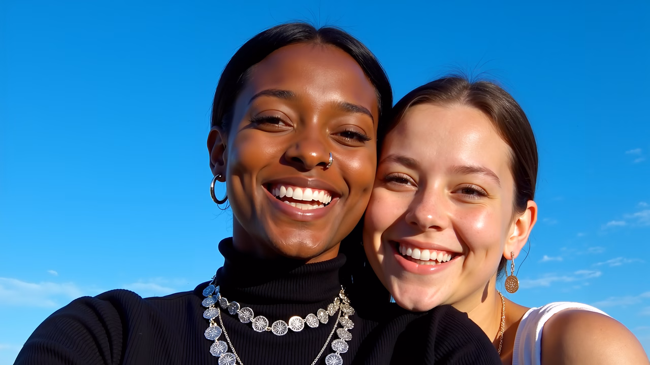 Sunlit selfie of two friends against a clear blue sky, capturing their joy and camaraderie.