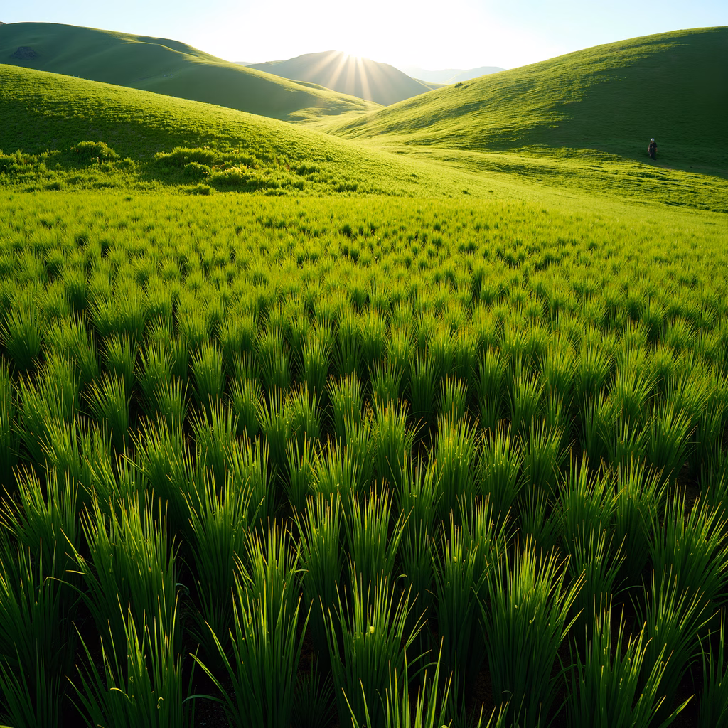 Golden sunlight illuminates a vast expanse of green fields under a clear sky.