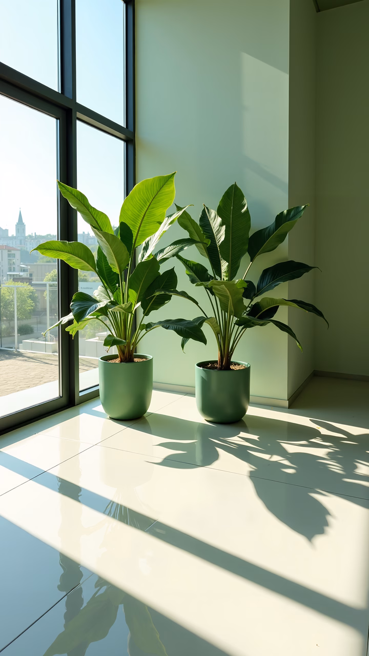 Sunlit greenery in a modern interior setting