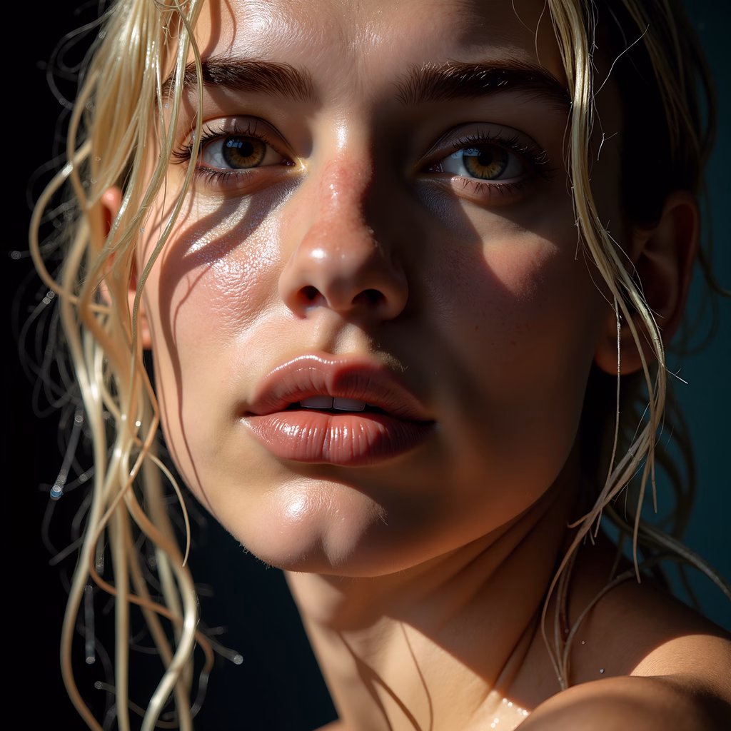 Close-up portrait with warm tones and cool background, evoking a serene and dreamy vibe.