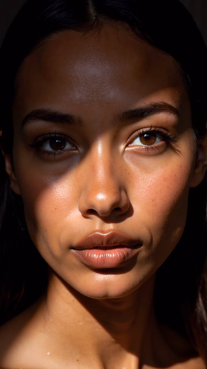 Close-up portrait of a person illuminated by natural sunlight, showcasing skin texture and freckles.