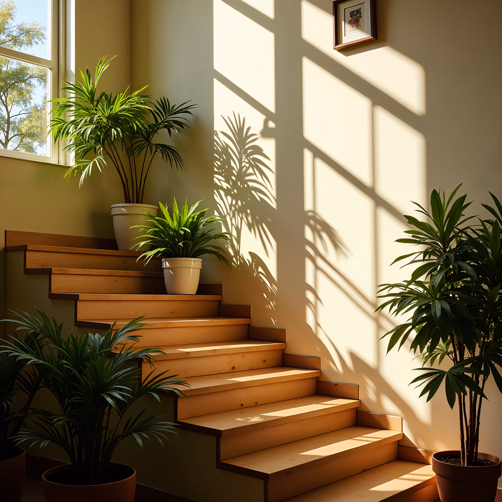 A tranquil sunlit staircase with plants and dynamic shadows.