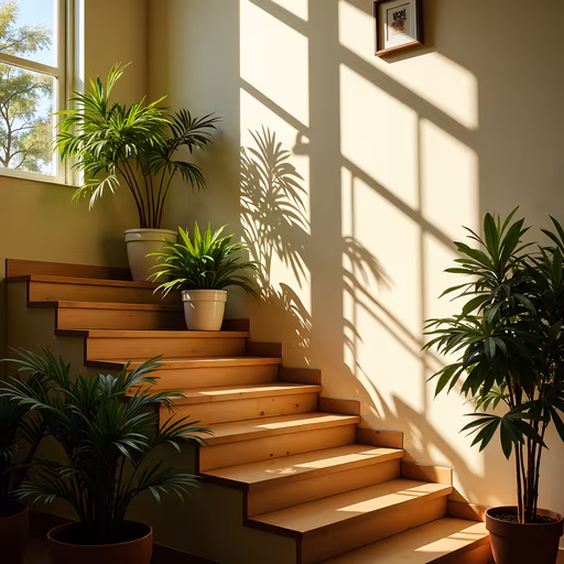 Sunlit Staircase with Plants