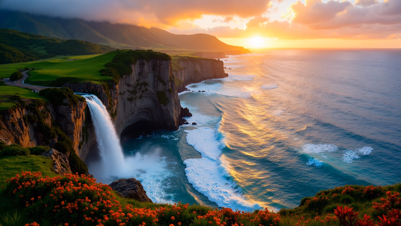 Sunset cliffside waterfall, vibrant colors, serene landscape