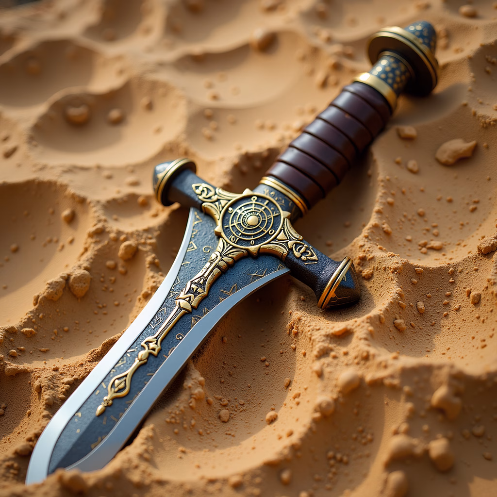 Detailed illustration of a sword in sand, evoking mystery and adventure.