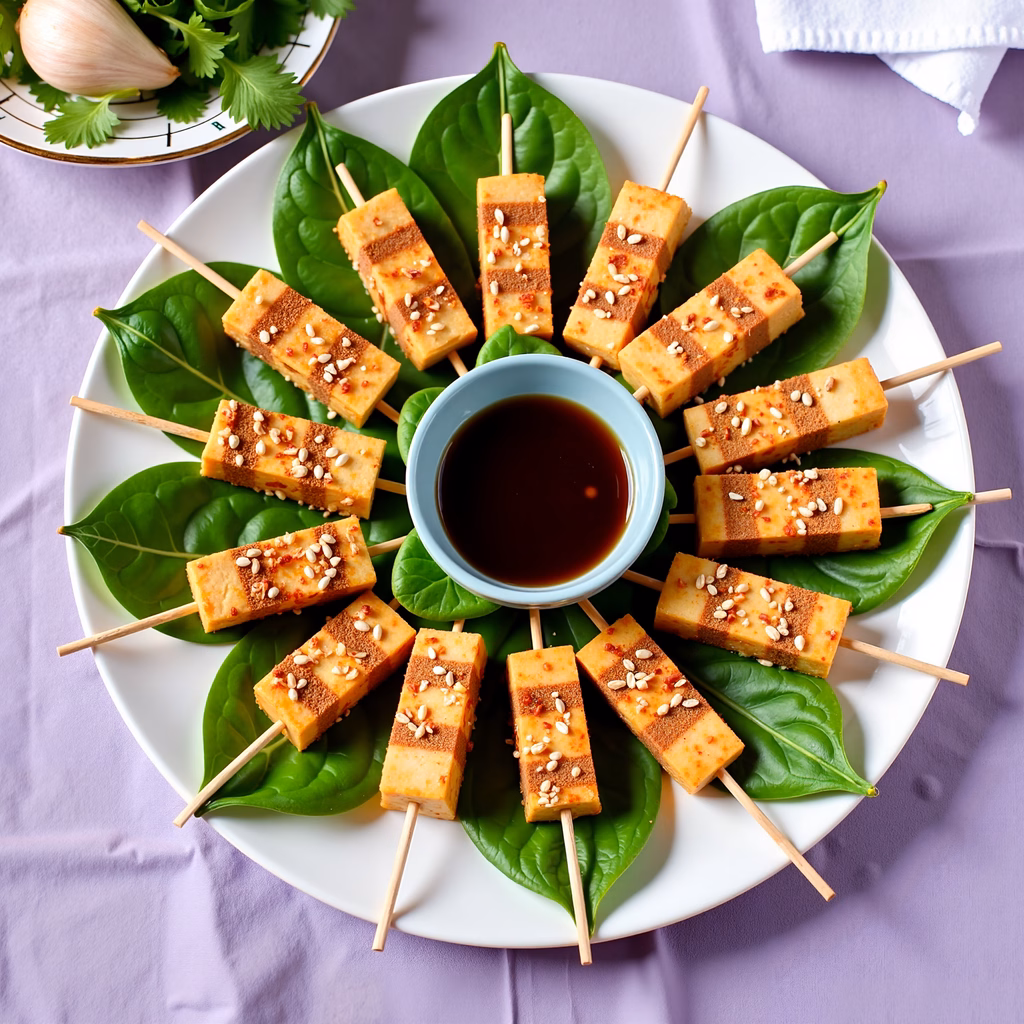 Tofu skewers with spinach leaves and a dark sauce, perfect for a healthy snack or appetizer.